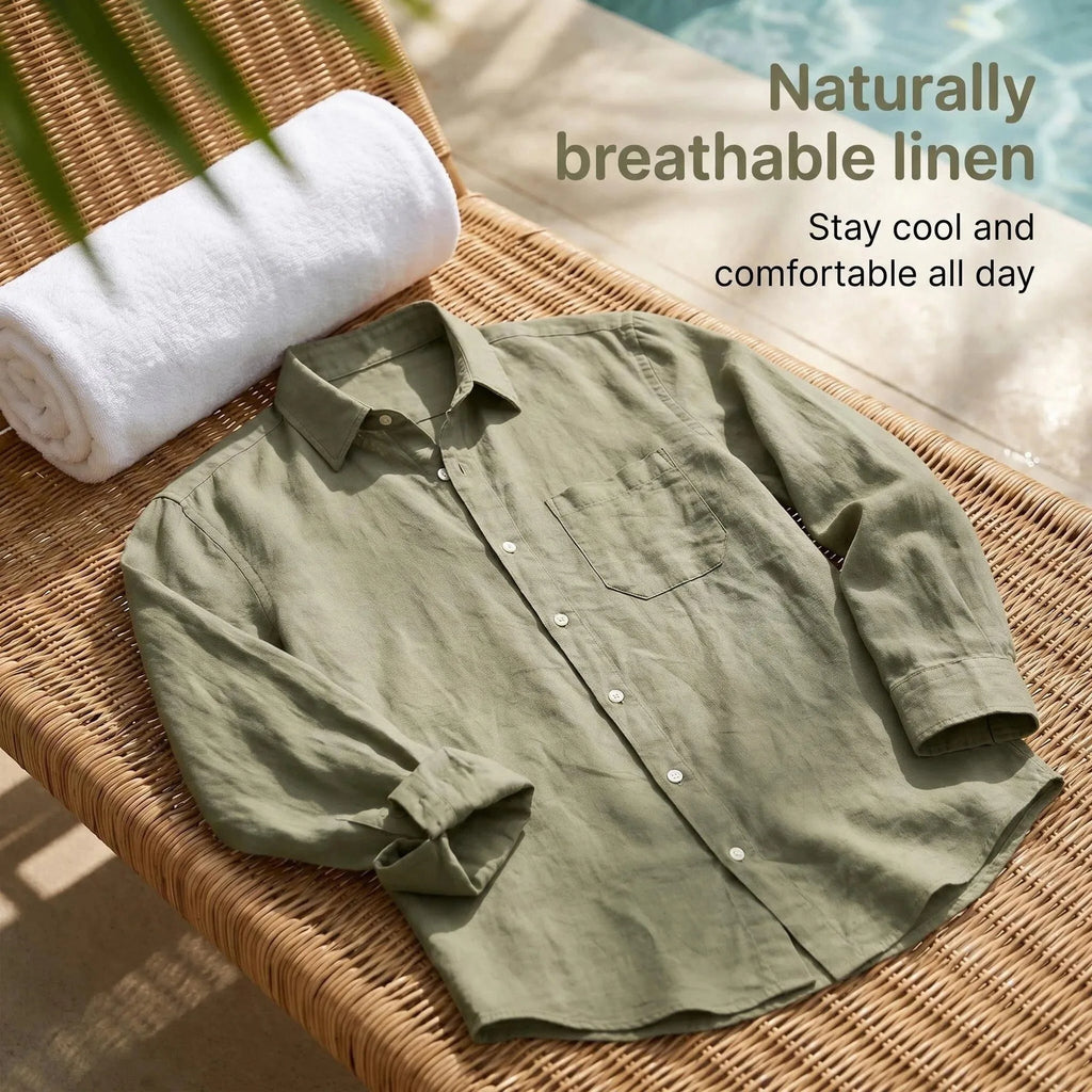 Casual Men's Loose Linen Lapel Pocket Button Casual Vacation Solid Color Long Sleeve Shirt Men's