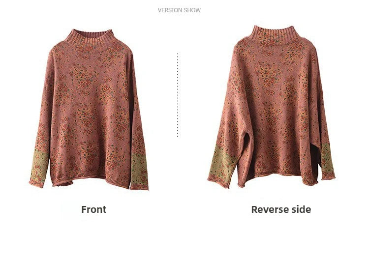 Winter Fall Fashion Vintage Floral Printed Half-turtle Neck Sweater for Women 2025 New Fashion Long Sleeve Loose Casual Knitwear