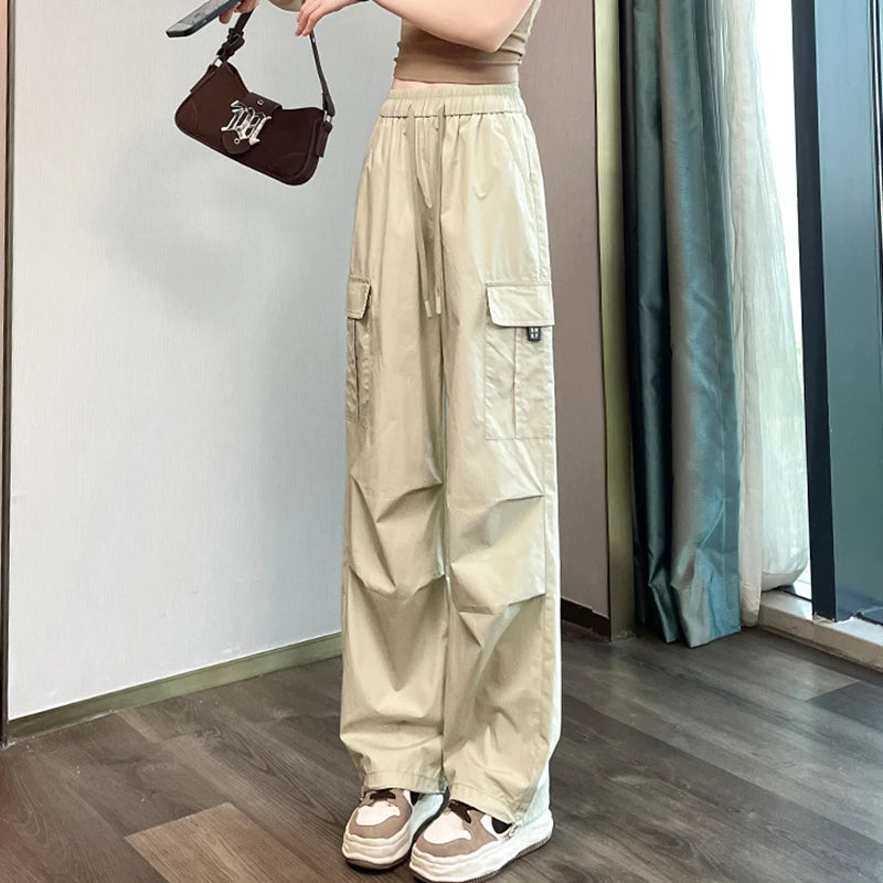 Fashion Women Joggers Pants Casual Female Chic Straight Cargo Pants Elastic High Waist Streetwear Slim Trousers Summer Thin
