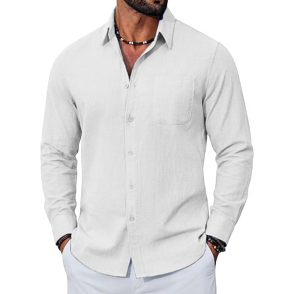 Mens New Premium Long Sleeve Linen Shirts Breathable Cotton Tops Elegant Lapel Button Hawaiian Tees Perfect Wear for Modern Men