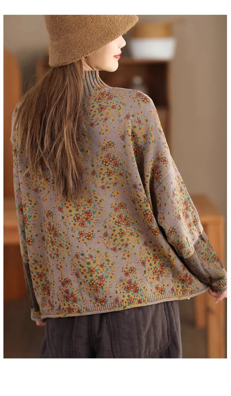 Winter Fall Fashion Vintage Floral Printed Half-turtle Neck Sweater for Women 2025 New Fashion Long Sleeve Loose Casual Knitwear