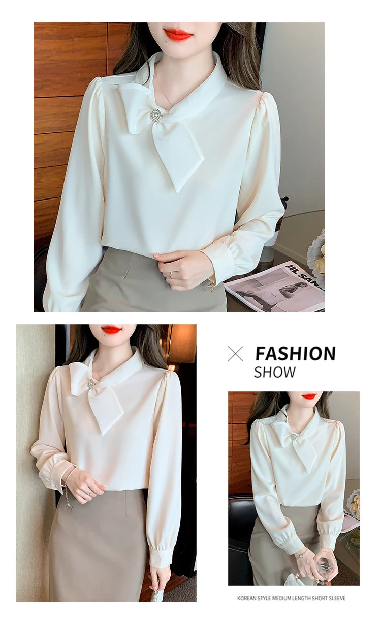 2025 Fashion Long Sleeve O-Neck Women Blouse Solid Bow Chiffon Elegant Blouse Shirt Women Tops Blusas De Mujer Camisas N674