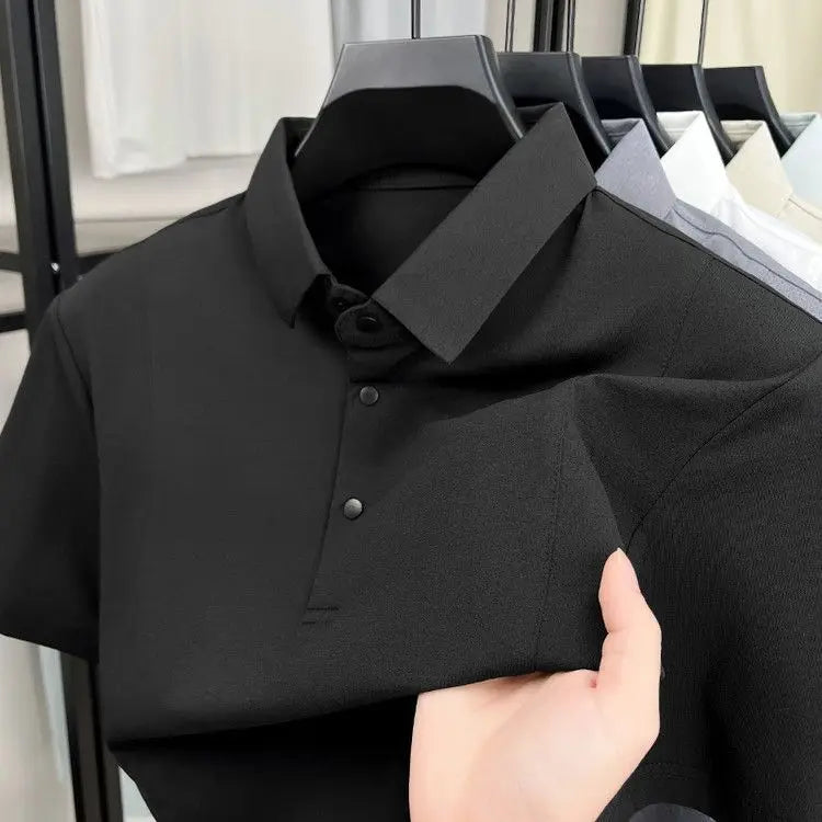 Men's Polo Shirt Short Sleeves Casual Patchwork Mesh Breathable Lightweight Button T-shirt Thin Solid Business Sporty T Shirt