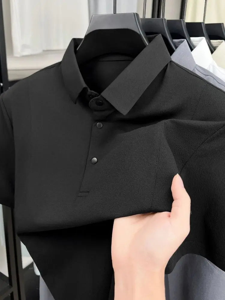 Men's Polo Shirt Short Sleeves Casual Patchwork Mesh Breathable Lightweight Button T-shirt Thin Solid Business Sporty T Shirt
