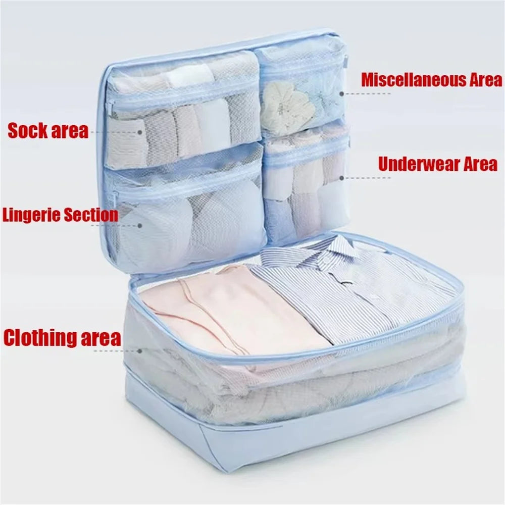 Compression Packing Cubes 5-in-1 Travel Luggage Organizer Bag Portable Multi Compartment Clothes Storage Suitcase Accessories