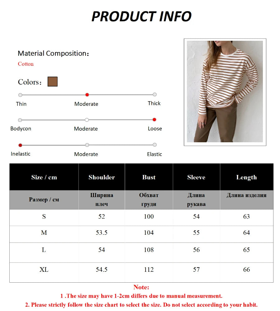 Wolfeel 2025 Summer Long Sleeve Striped T-Shirts Women Basic Casual Tops Female Cozy Loose Cotton Tees Harajuku T Shirt New