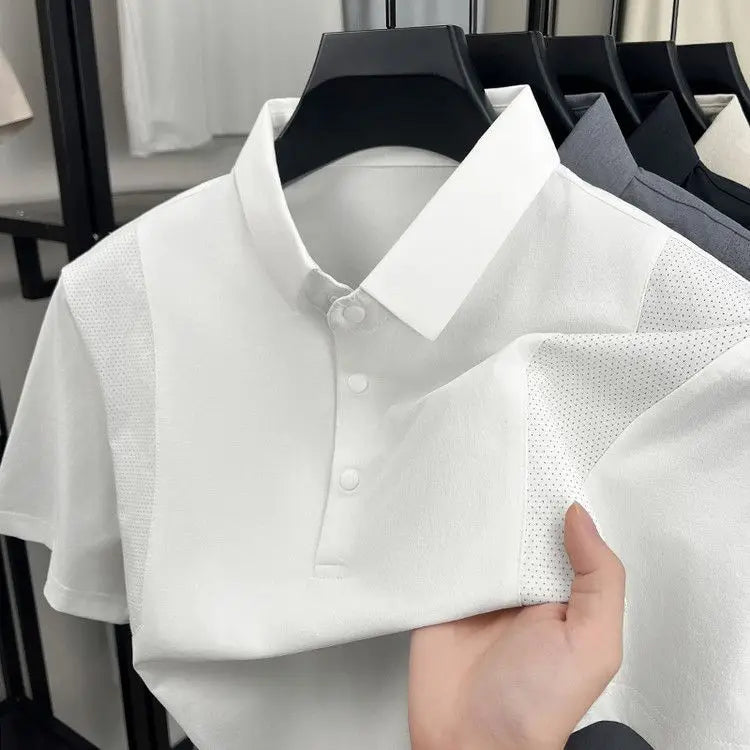 Men's Polo Shirt Short Sleeves Casual Patchwork Mesh Breathable Lightweight Button T-shirt Thin Solid Business Sporty T Shirt