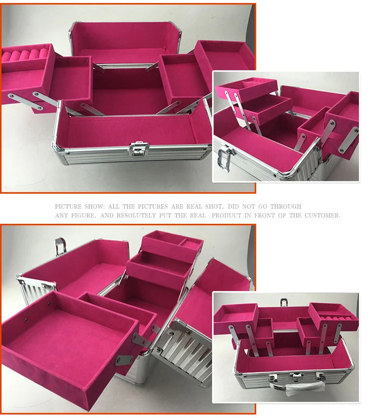 Portable Makeup Train Case Large Capacity Adjustable 4 Sliding Trays Cosmetic Case Storage Organizer for Jewelry Nails Beauty
