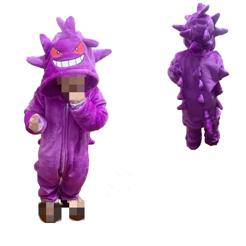 Purple Dragon Gengar Kigurumi Onesies Kids Cosplay Costume Halloween Birthday Gift Anime Zipper Flannel Pajamas