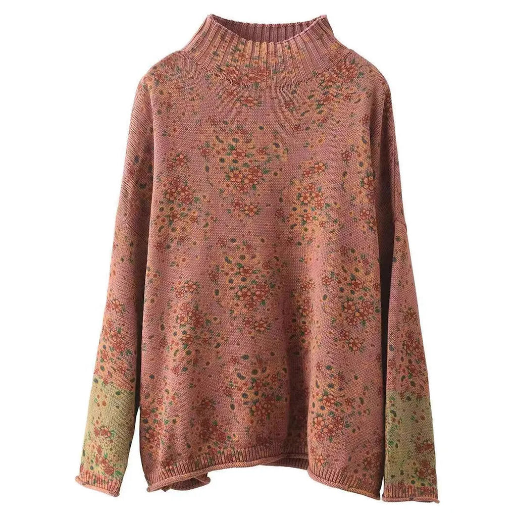 Winter Fall Fashion Vintage Floral Printed Half-turtle Neck Sweater for Women 2025 New Fashion Long Sleeve Loose Casual Knitwear