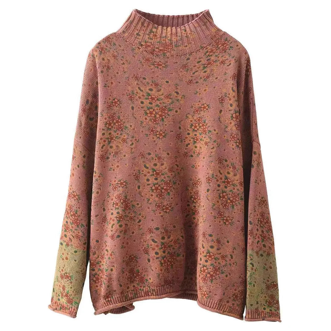 Winter Fall Fashion Vintage Floral Printed Half-turtle Neck Sweater for Women 2025 New Fashion Long Sleeve Loose Casual Knitwear