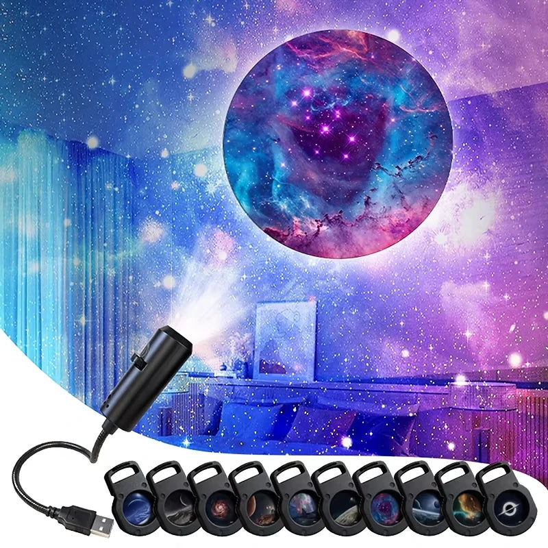 LED Car Star Projector Galaxy Light USB Plug & Play 10 Patterns Galaxy Astronaut Moon Projection Lamp for Car Interior Bedroom