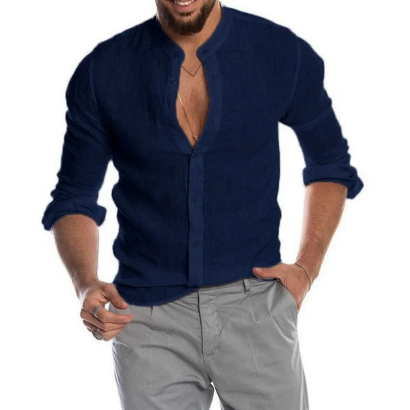 Men's Long Sleeve Linen Blend Button Down Shirt with Stand Collar Casual Lightweight Summer Top