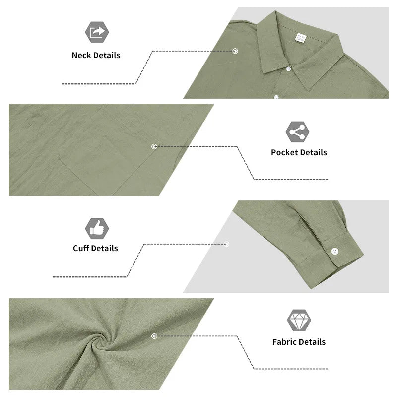 Casual Men's Loose Linen Lapel Pocket Button Casual Vacation Solid Color Long Sleeve Shirt Men's