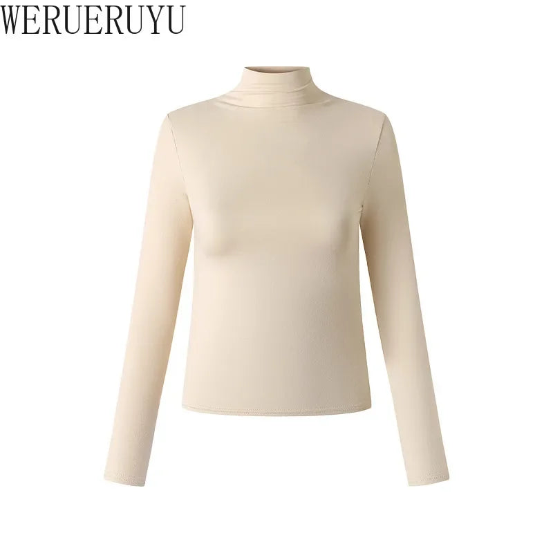 Turtleneck Elastic T-shirts for Women Y2k Clothes Long Sleeve White Tops Autumn Winter Casual Solid Color Slim Women T-shirt New