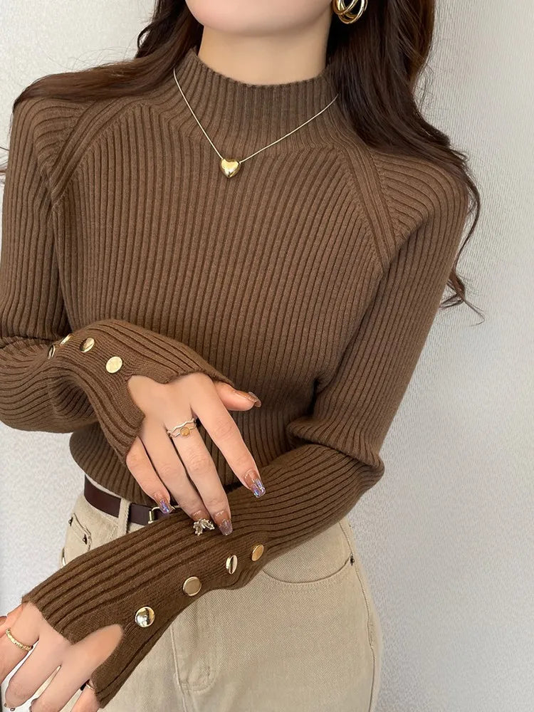 2026 Autumn Winter Sweater Women Pullovers Long Sleeve Tops Clothes Slim Knit Soft Jumper Streetwear Button Turtleneck Sweater