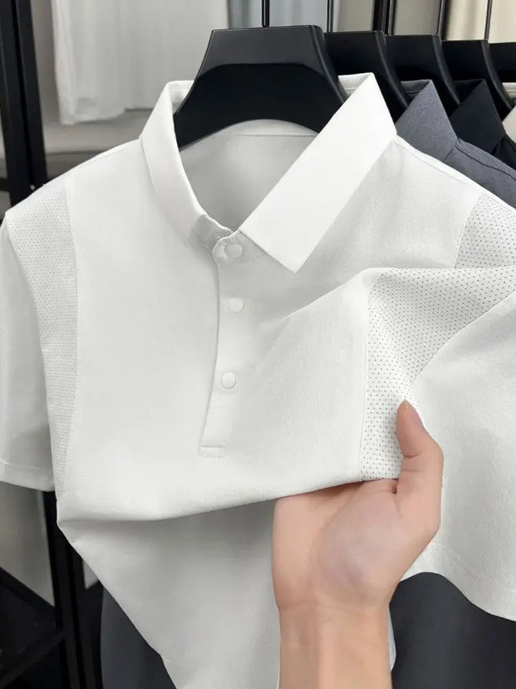 Men's Polo Shirt Short Sleeves Casual Patchwork Mesh Breathable Lightweight Button T-shirt Thin Solid Business Sporty T Shirt