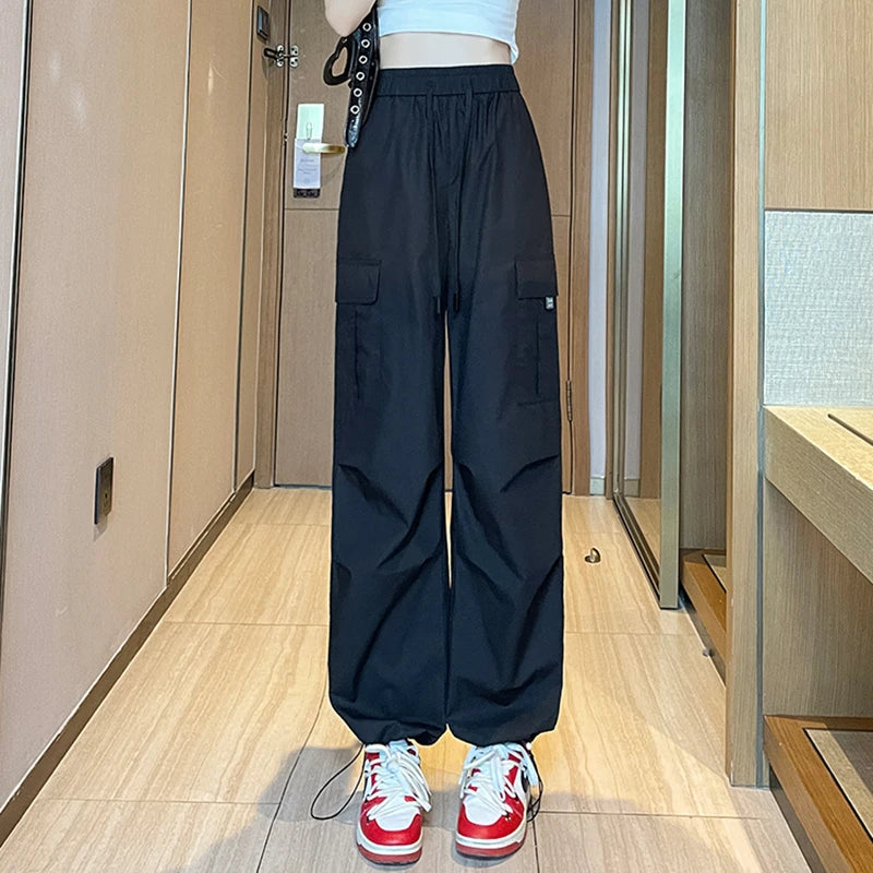 Fashion Women Joggers Pants Casual Female Chic Straight Cargo Pants Elastic High Waist Streetwear Slim Trousers Summer Thin