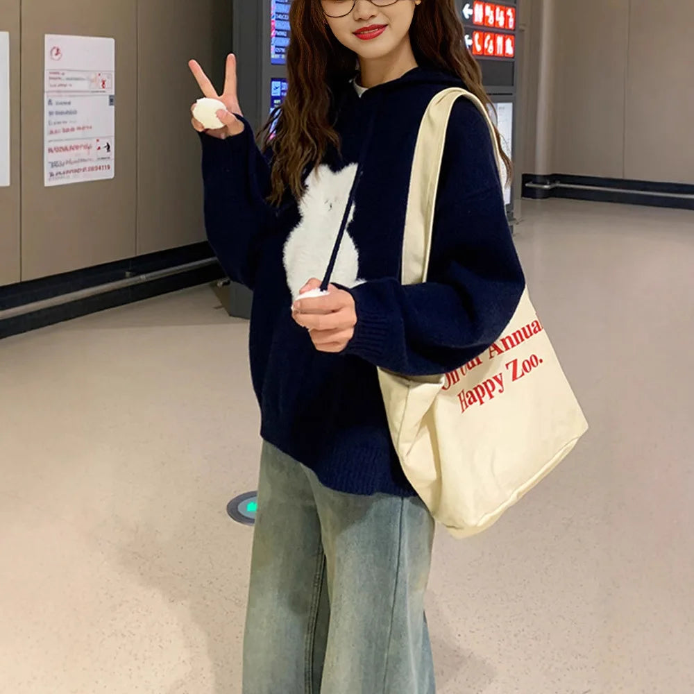 Cartoon Hooded Long Sleeve Sweater 2025 Autumn New Design Loose Top for Women