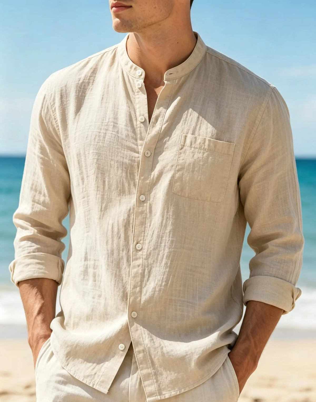 Mens Cotton Linen Stand Collar Long Sleeve Shirt Chest Pocket Button Down Lightweight Casual Beach Blouse