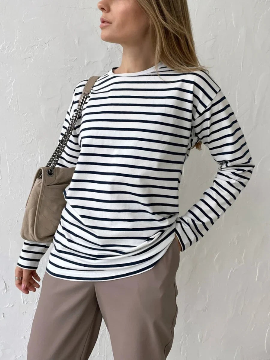 Wolfeel 2025 Summer Long Sleeve Striped T-Shirts Women Basic Casual Tops Female Cozy Loose Cotton Tees Harajuku T Shirt New