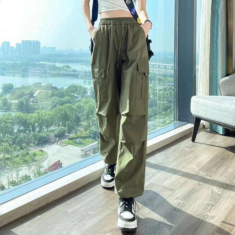 Fashion Women Joggers Pants Casual Female Chic Straight Cargo Pants Elastic High Waist Streetwear Slim Trousers Summer Thin