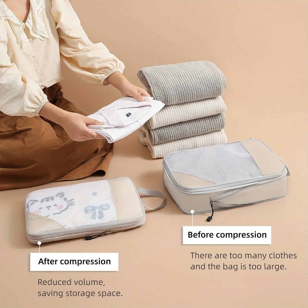 3-piece travel compression packing cube, travel bag luggage organizer travel essentials carry-on luggage compression cube