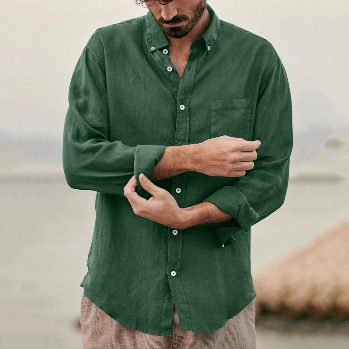 Men's Cotton Poly Linen Long Sleeve Shirt Summer Breathable Button Down Casual Loose Shirt With Chest Pocket Beach Vacation Tops