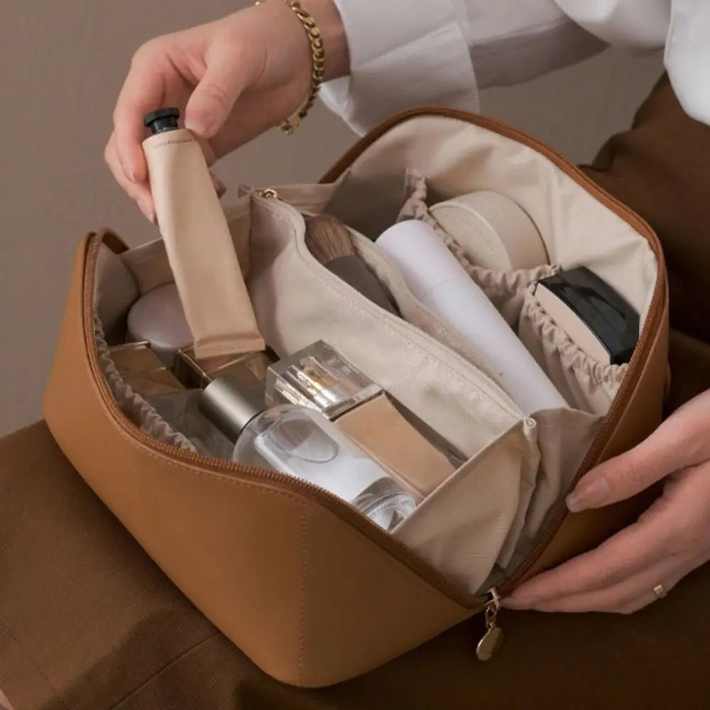 Portable Large Capacity Makeup Travel Cosmetic Bag Organizer with Brushes Slots Dividers Multifunction Storage Case