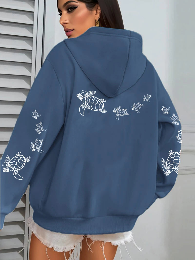 Creative Turtle Swimming Prints Women Clothing Hoodie Warm Sport Tops All-Match Comfortable Sportswears Soft Trendy Clothes