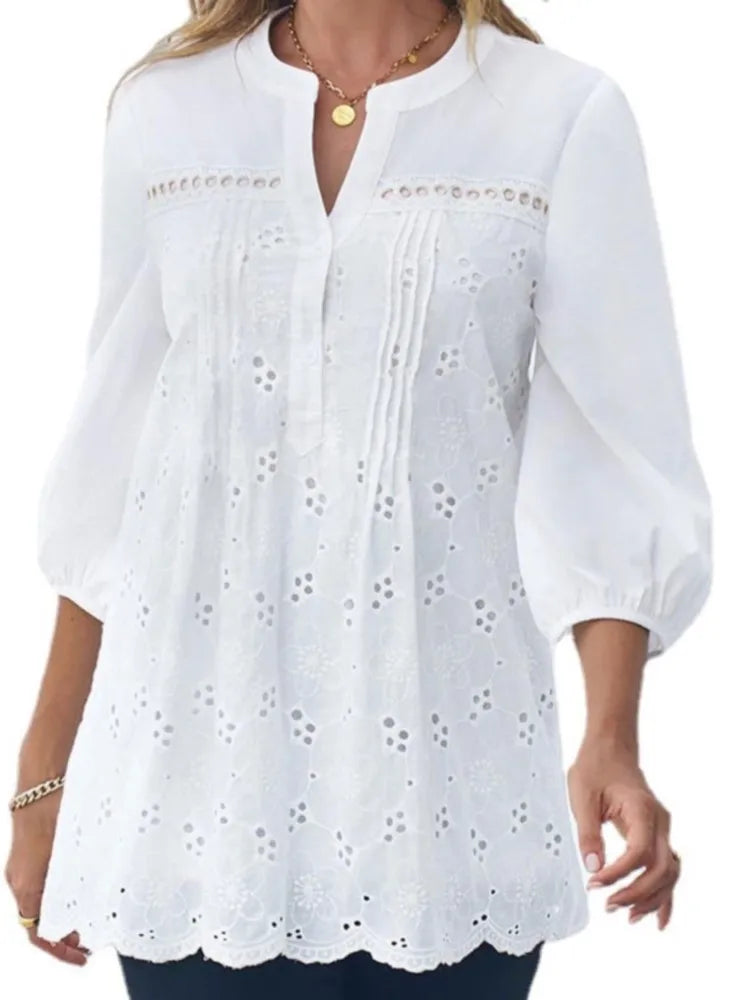 Women's Fashion Shirt Top White Lace Hollow Out V-Neck Pullover Casual Loose Shirt Tops Summer Elegant Office Womens Clothing