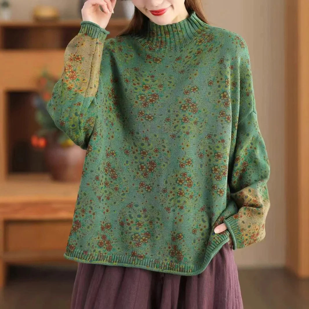 Winter Fall Fashion Vintage Floral Printed Half-turtle Neck Sweater for Women 2025 New Fashion Long Sleeve Loose Casual Knitwear