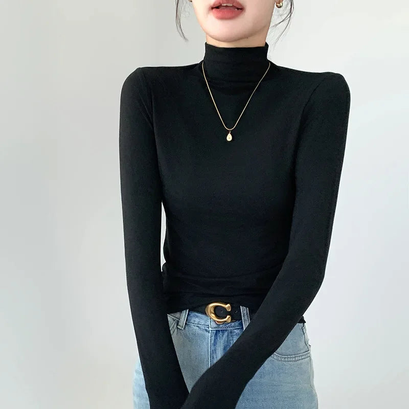 Turtleneck Elastic T-shirts for Women Y2k Clothes Long Sleeve White Tops Autumn Winter Casual Solid Color Slim Women T-shirt New