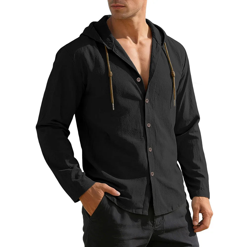 Men's Casual Shirt Long Sleeve Solid Color Cotton Linen Lightweight Breatahble Fashion Hooded Vacation Loose Fit Button Tops