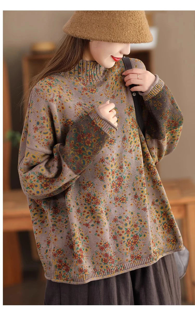 Winter Fall Fashion Vintage Floral Printed Half-turtle Neck Sweater for Women 2025 New Fashion Long Sleeve Loose Casual Knitwear