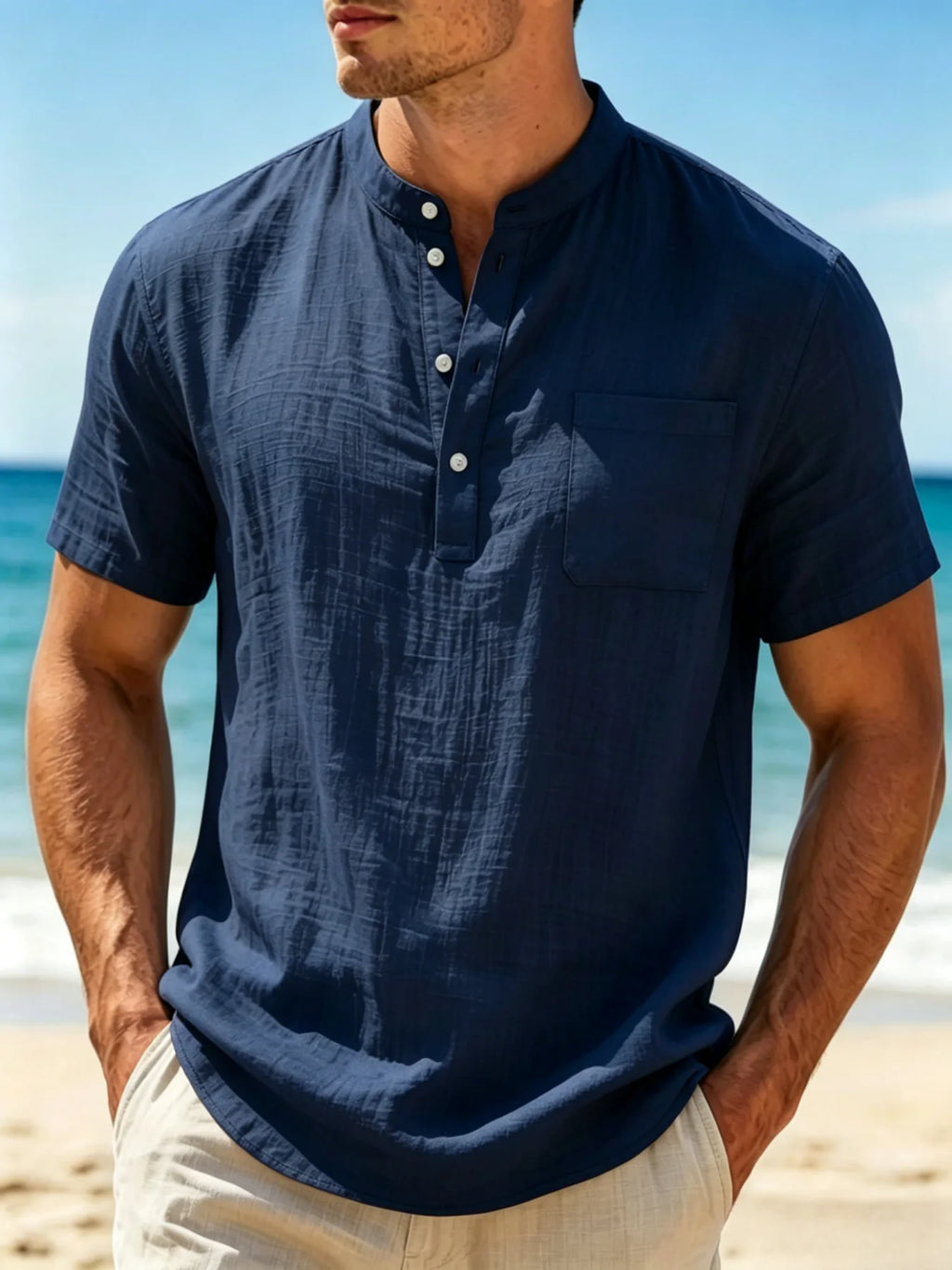 Men's Cotton Linen Blend Henley Shirt lightweight Breathable Casual Short Sleeve Beach Top with Chest Pocket