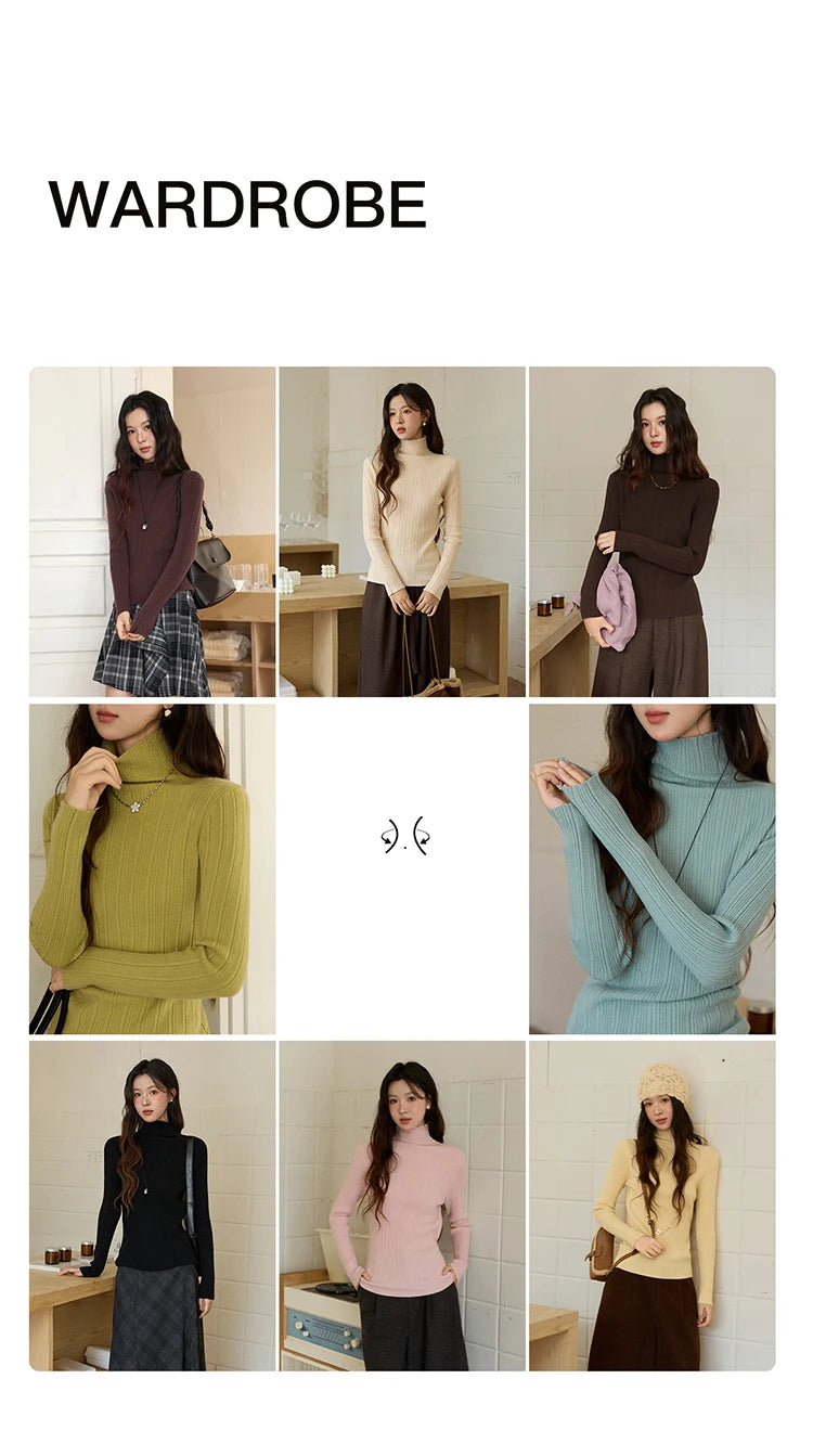 MISHOW Women's Long-sleeved Tops 2025 Winter Simple Solid Turtleneck Sweater Vertical Ribbed Slim Fit Casual Top MXE86Z2656