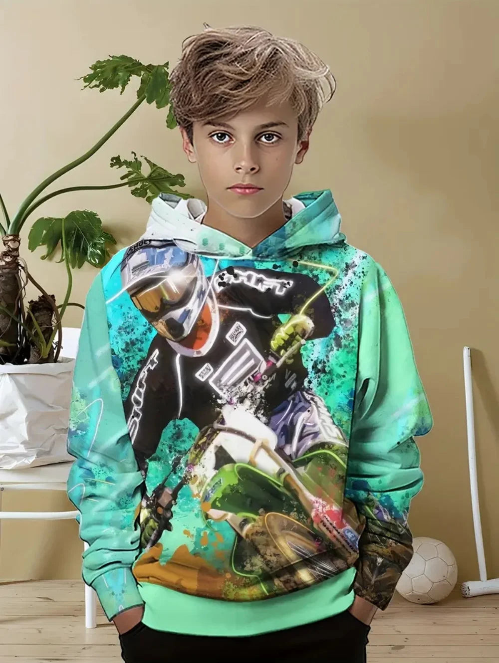 Child Sweatshirt Boys' Fashion Motocross Racing 3D Printed Casual Hoodie Long Sleeve Polyester Sport Tops Pullover Kids Clothes