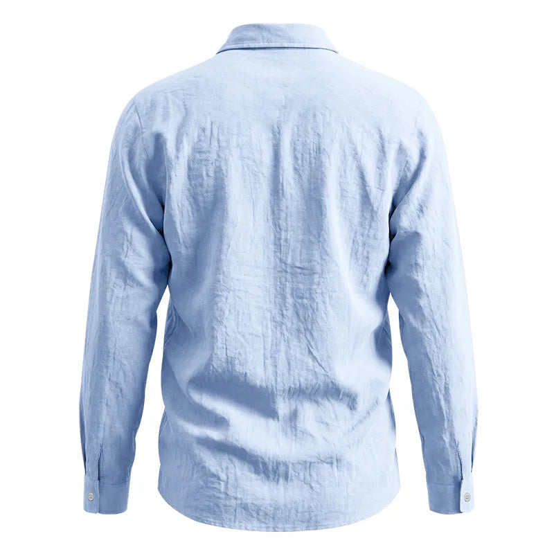 Casual Men's Loose Linen Lapel Pocket Button Casual Vacation Solid Color Long Sleeve Shirt Men's
