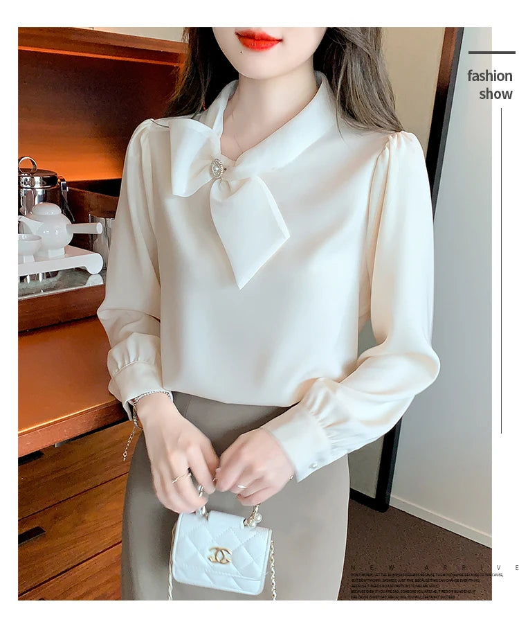 2025 Fashion Long Sleeve O-Neck Women Blouse Solid Bow Chiffon Elegant Blouse Shirt Women Tops Blusas De Mujer Camisas N674