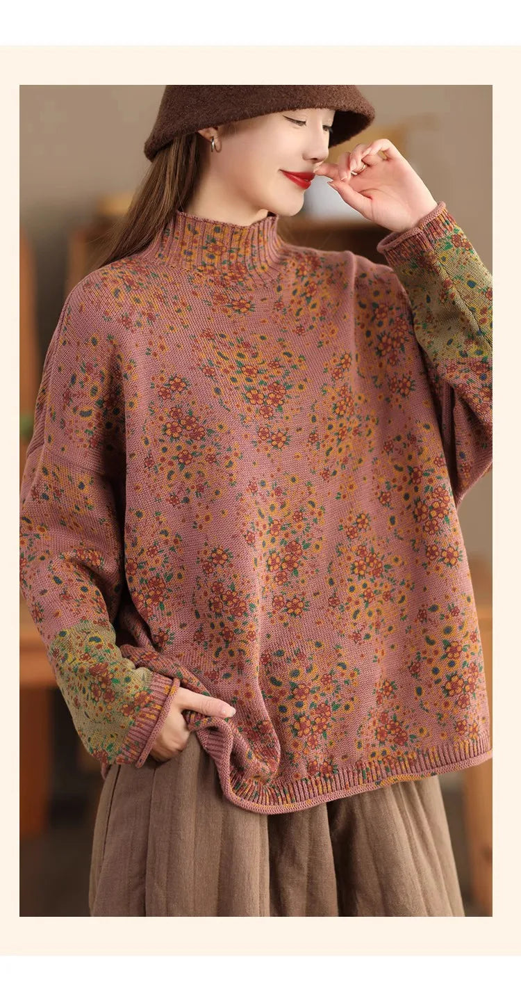 Winter Fall Fashion Vintage Floral Printed Half-turtle Neck Sweater for Women 2025 New Fashion Long Sleeve Loose Casual Knitwear