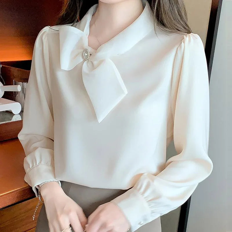 2025 Fashion Long Sleeve O-Neck Women Blouse Solid Bow Chiffon Elegant Blouse Shirt Women Tops Blusas De Mujer Camisas N674