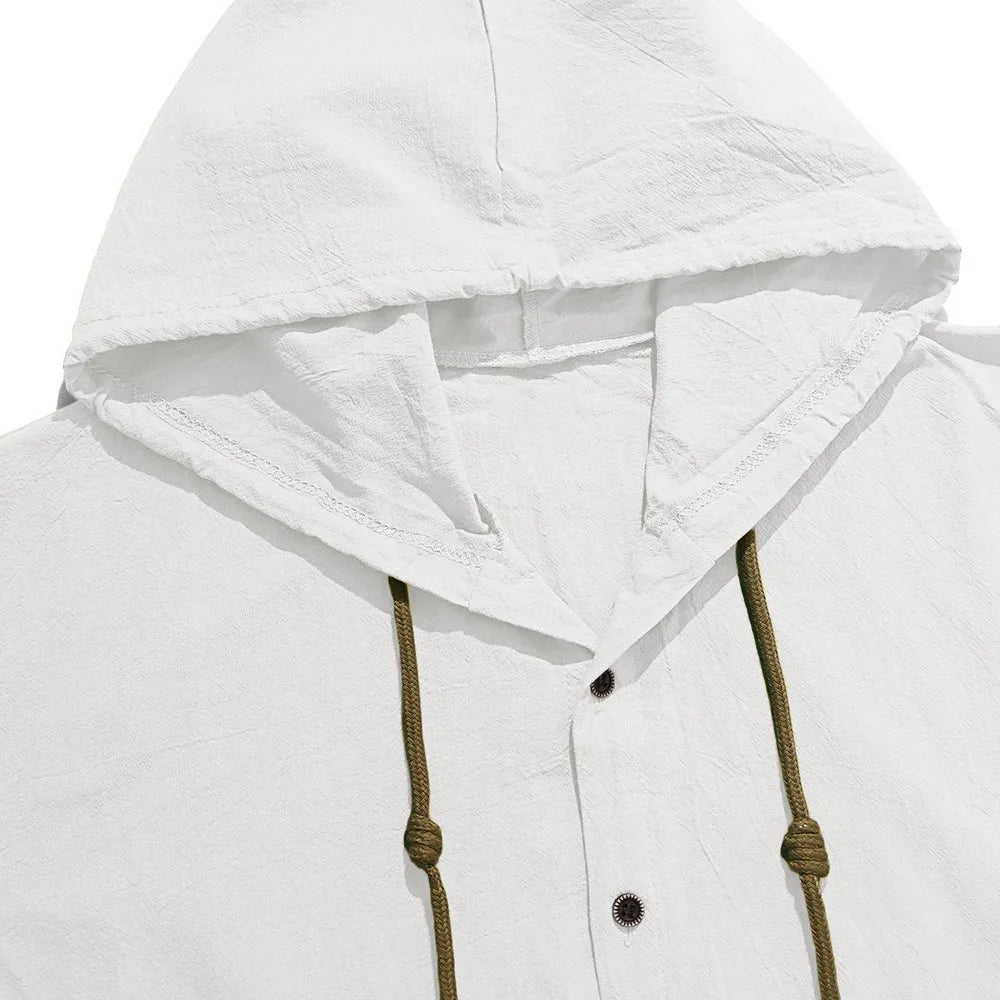 Men's Casual Shirt Long Sleeve Solid Color Cotton Linen Lightweight Breatahble Fashion Hooded Vacation Loose Fit Button Tops