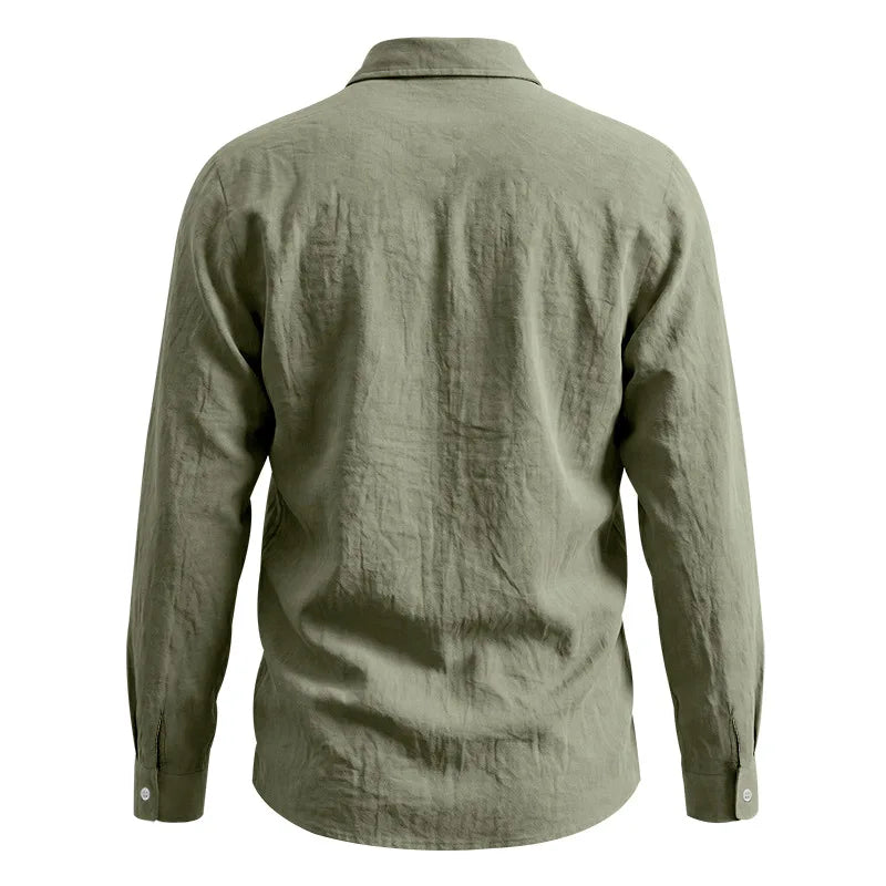 Casual Men's Loose Linen Lapel Pocket Button Casual Vacation Solid Color Long Sleeve Shirt Men's