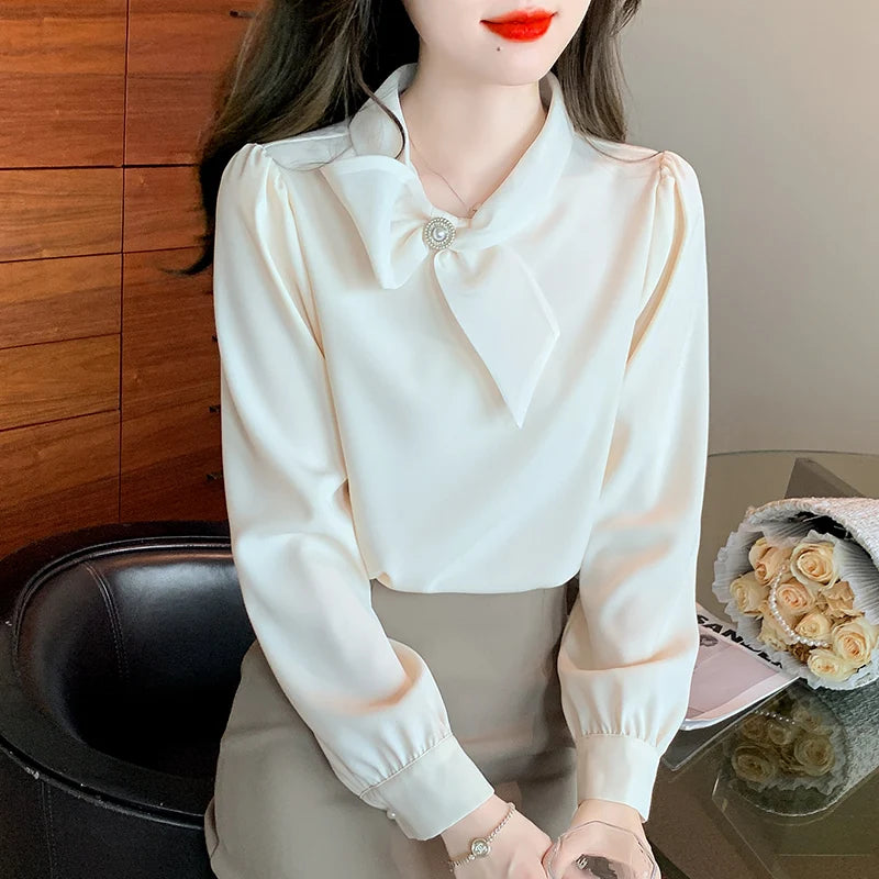 2025 Fashion Long Sleeve O-Neck Women Blouse Solid Bow Chiffon Elegant Blouse Shirt Women Tops Blusas De Mujer Camisas N674