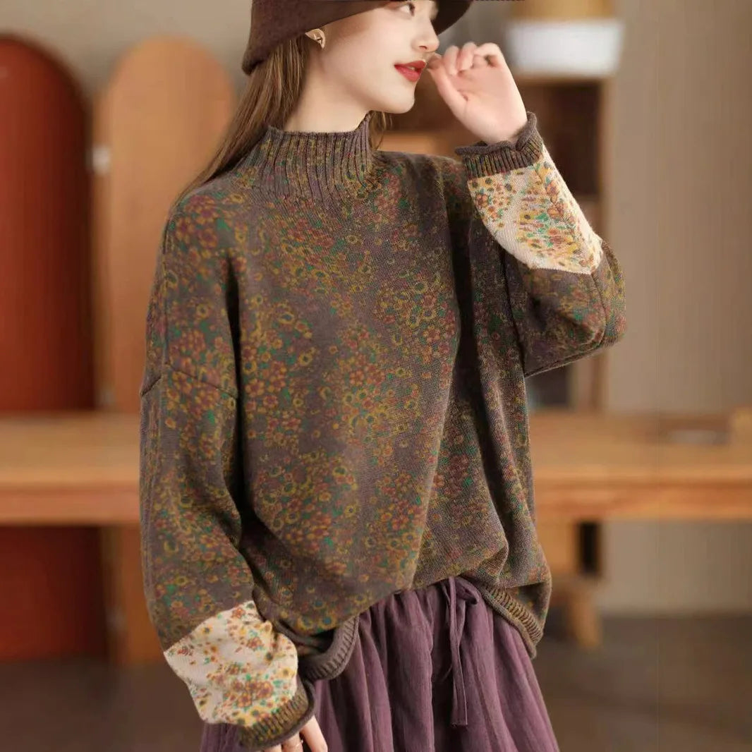 Winter Fall Fashion Vintage Floral Printed Half-turtle Neck Sweater for Women 2025 New Fashion Long Sleeve Loose Casual Knitwear
