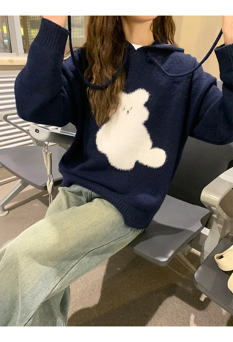 Cartoon Hooded Long Sleeve Sweater 2025 Autumn New Design Loose Top for Women