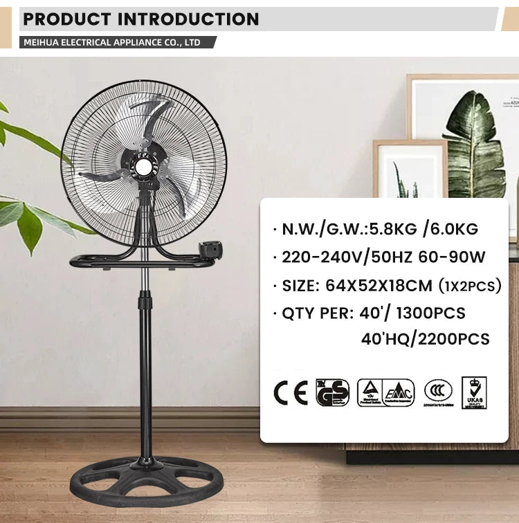 18\" Pedestal Floor & Wall Fan with Aerodynamic Blades 3 Speeds Mechanical Control Electric Power Source Metallic Finish
