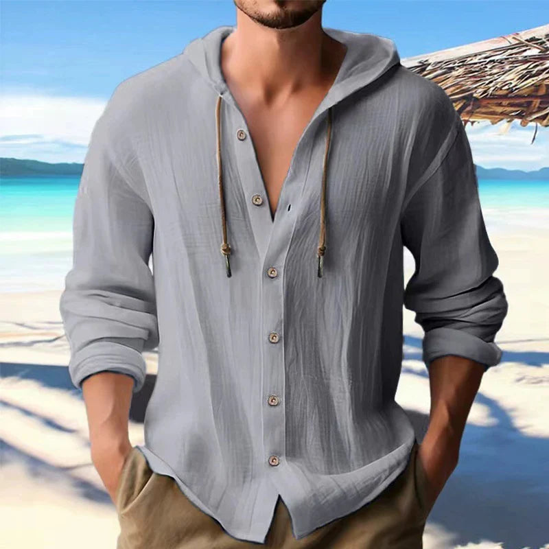 Men's Solid Linen Long Sleeve Hooded Shirt Casual Streetwear Button Top Loose Fit Cardigan Clothing for Men