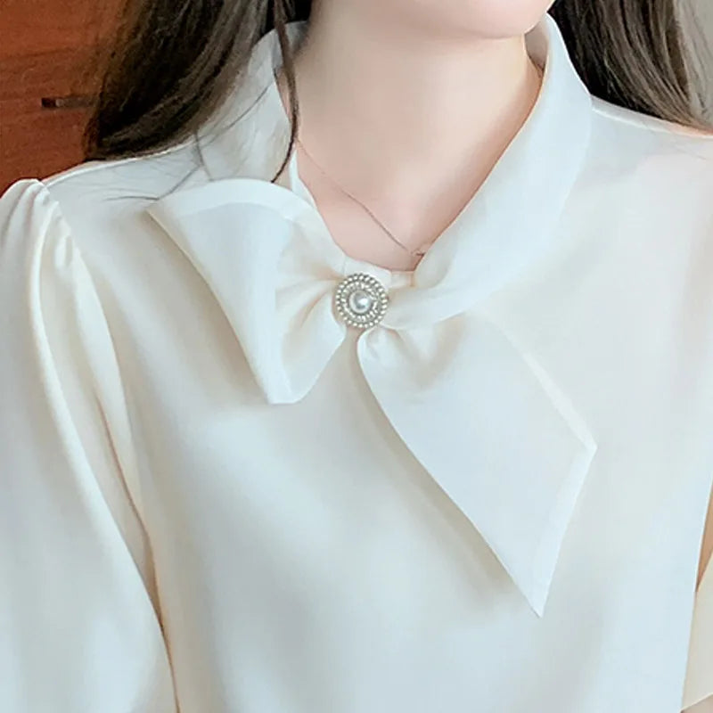 2025 Fashion Long Sleeve O-Neck Women Blouse Solid Bow Chiffon Elegant Blouse Shirt Women Tops Blusas De Mujer Camisas N674